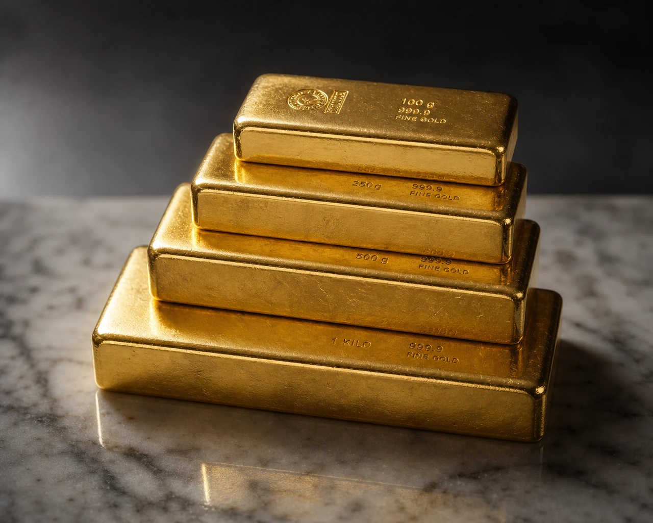 High-quality gold bars on marble